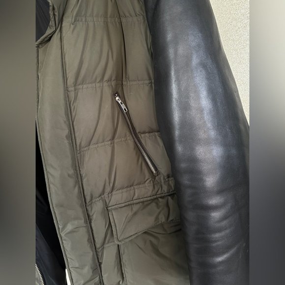 Mackage Gavin Army Green Down Coat with Leather Sleeves and Fur Hood - Picture 9 of 13